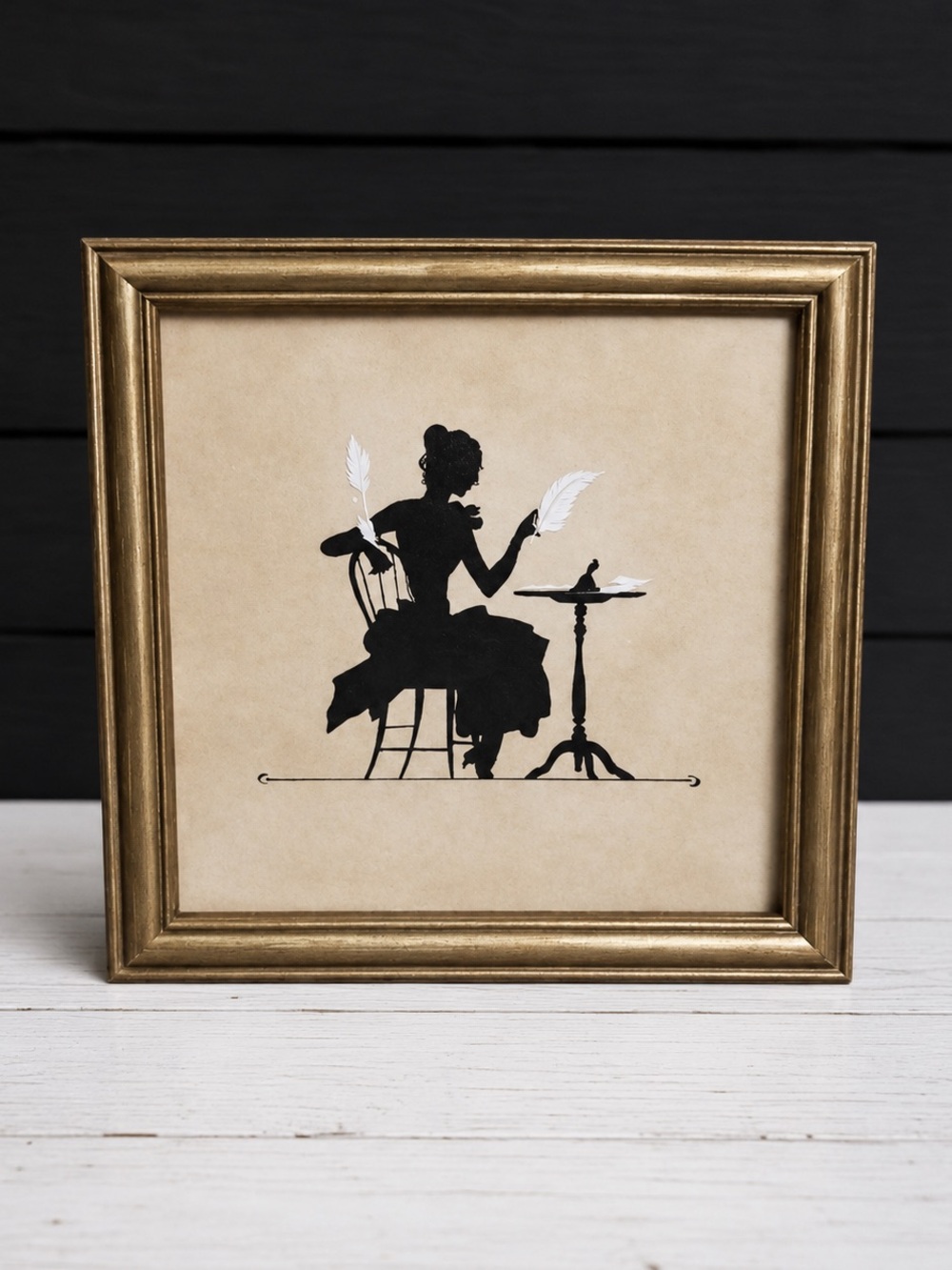 Framed Silhouette Lady with Quill Artwork - Gold Frame, Black & Cream